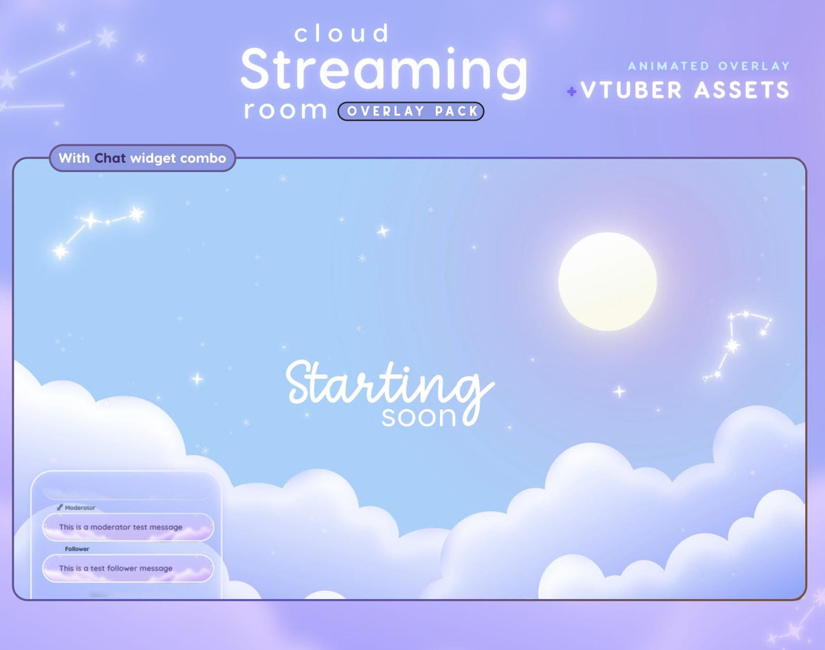 Pastel Cloud Streaming Overlay Pack | Animated Alerts, Chat Widget, VTuber Assets