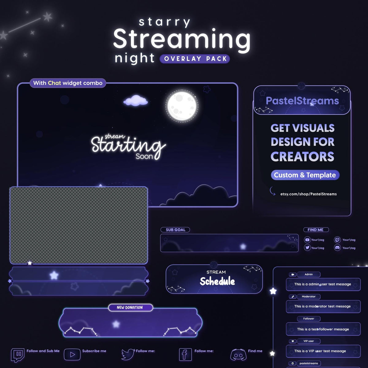 Starry Night Twitch Stream Overlay Pack | Animated Alerts, Chat Widget, Borders