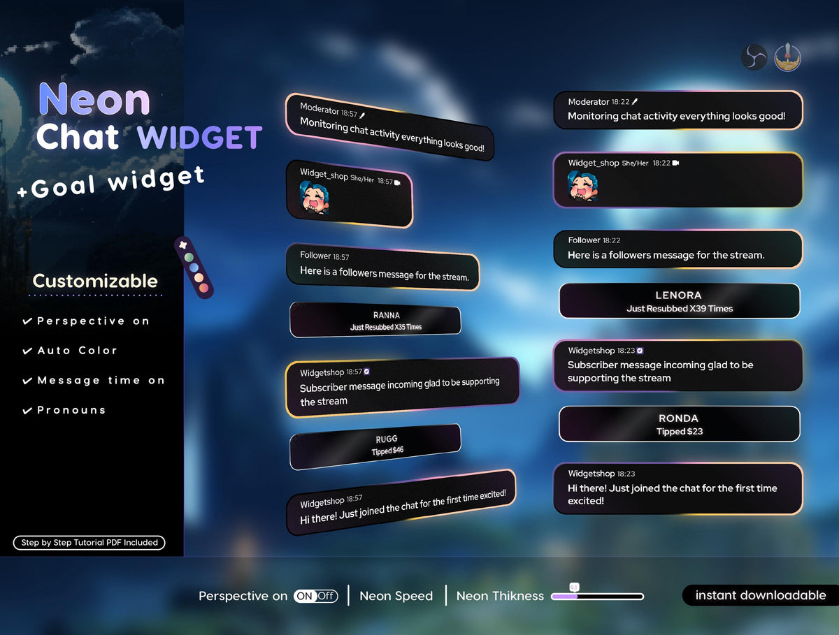 Saber Neon Chat Widget | Twitch StreamElements Animated Glow Chat Goal Overlay | VTuber Streamer OBS