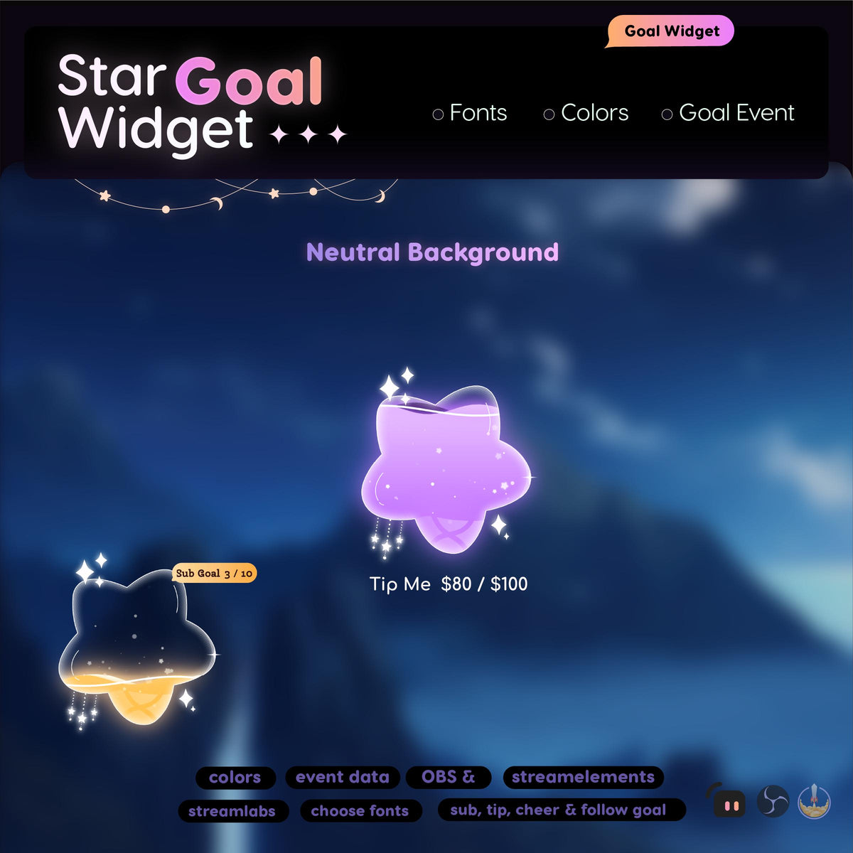 Animated Star Goal Widget for Twitch, Kick OBS, Celestial Stream Overlay (Digital Download)