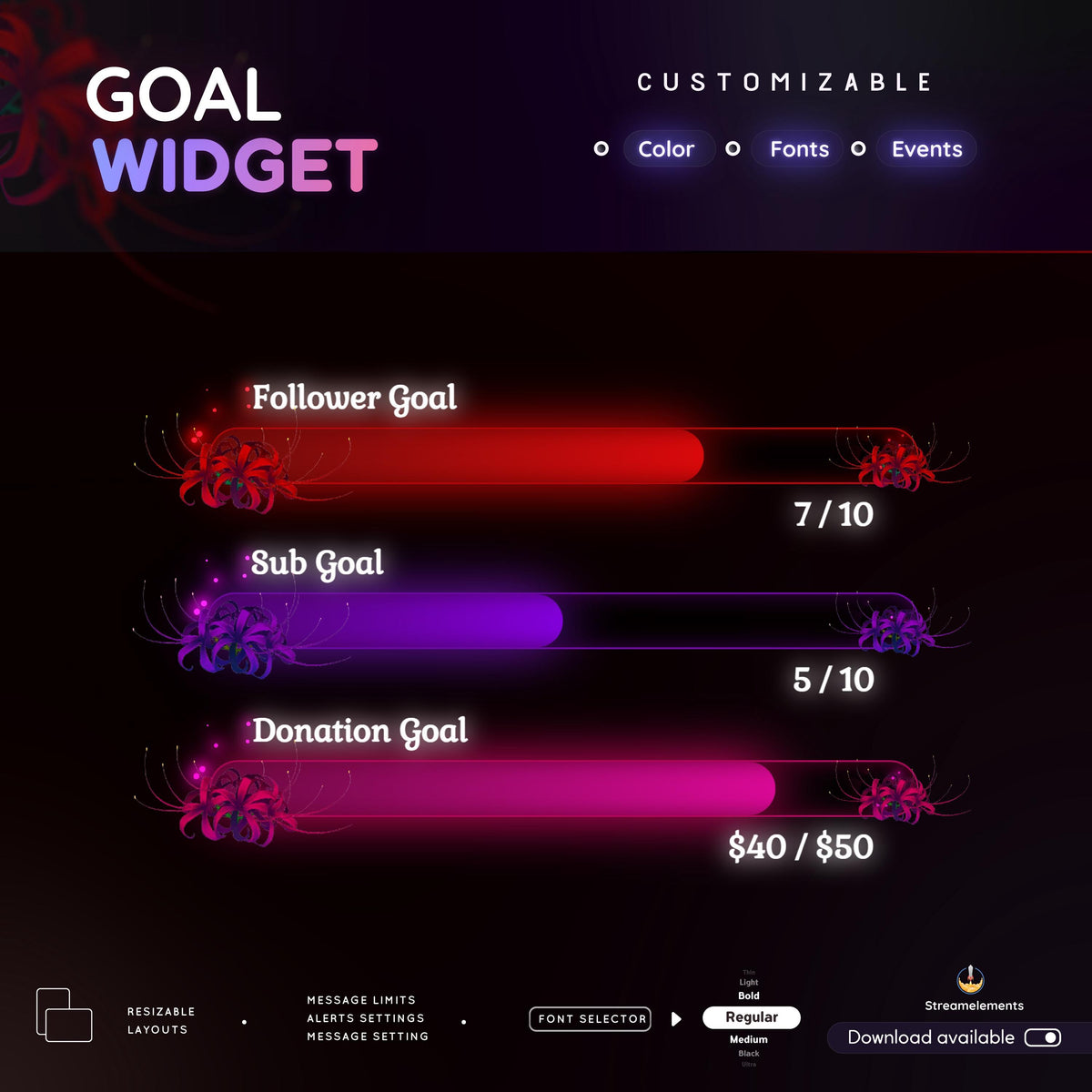 Spider Lily Goal Widget | Customizable Gradient Colors for Twitch Streamers (Streamelements)