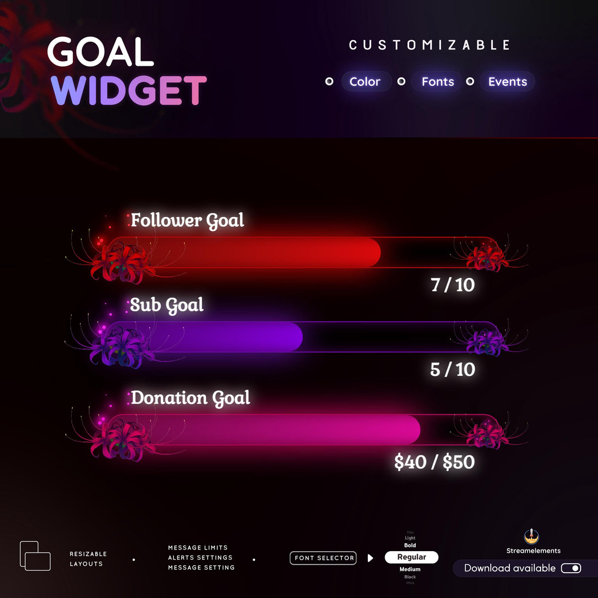 Spider Lily Goal Widget | Customizable Gradient Colors for Twitch Streamers (Streamelements)