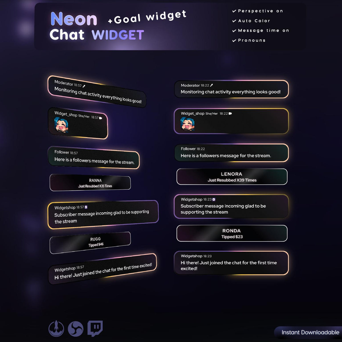 Saber Neon Chat Widget | Twitch StreamElements Animated Glow Chat Goal Overlay | VTuber Streamer OBS