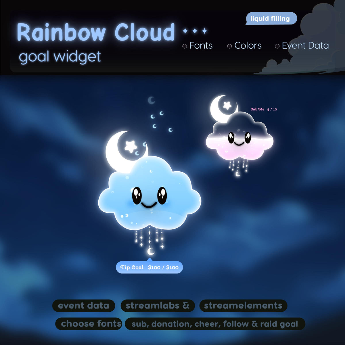 Pastel Rainbow Cloud Goal Widget | Twitch Streamlabs StreamElements Donation Follower Tracker | Kawaii VTuber