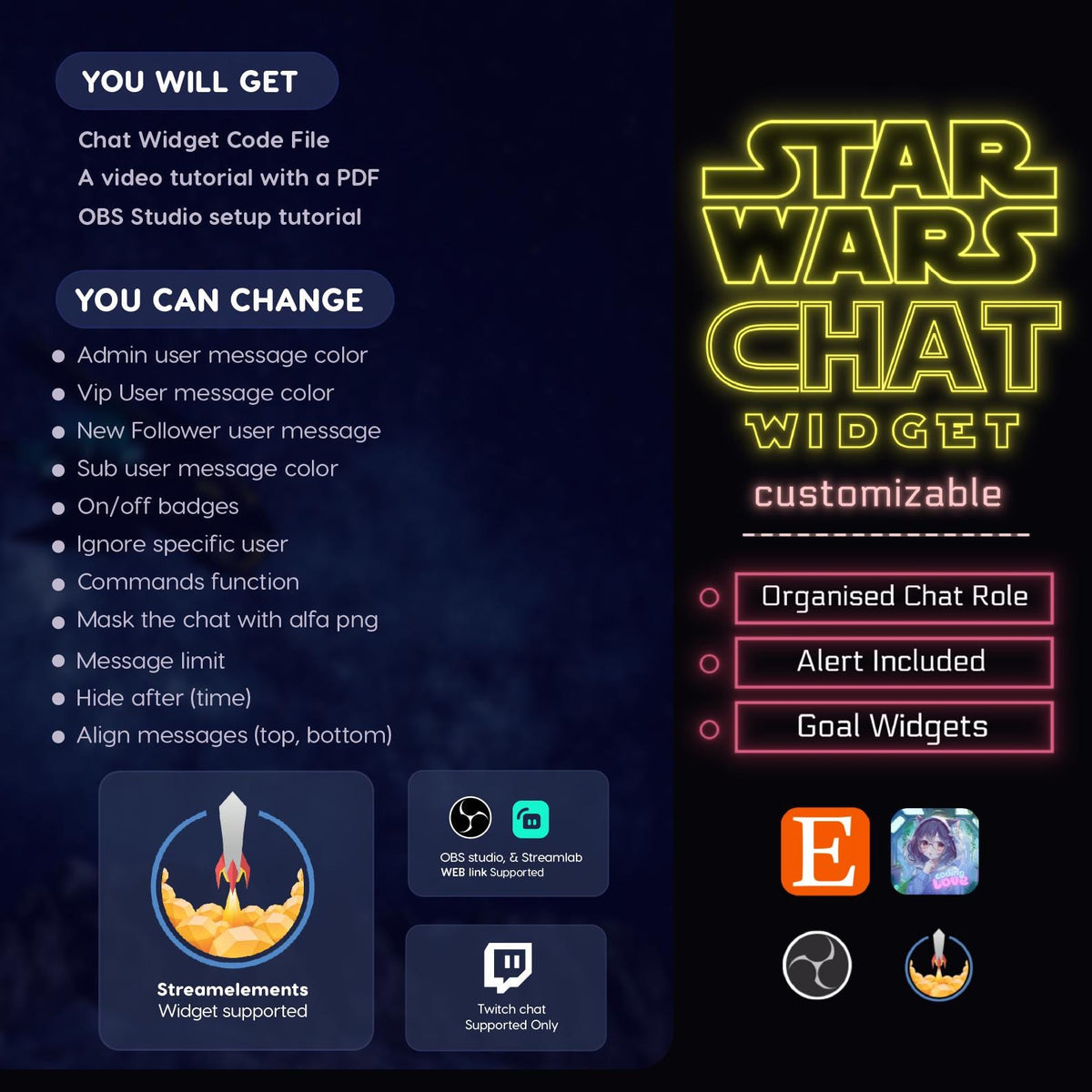 Sci-Fi Twitch Chat Widget for OBS, Kick and Streamlabs | Animated Galaxy Neon Stream Overlay