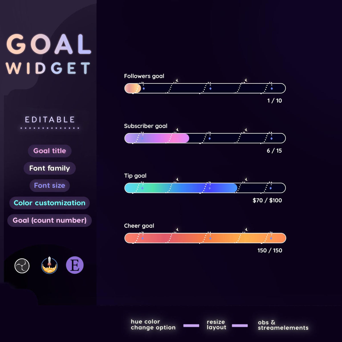 Neon Slider Goal Widget | Customizable Gradient Colors Goal Bars for Twitch Streamers