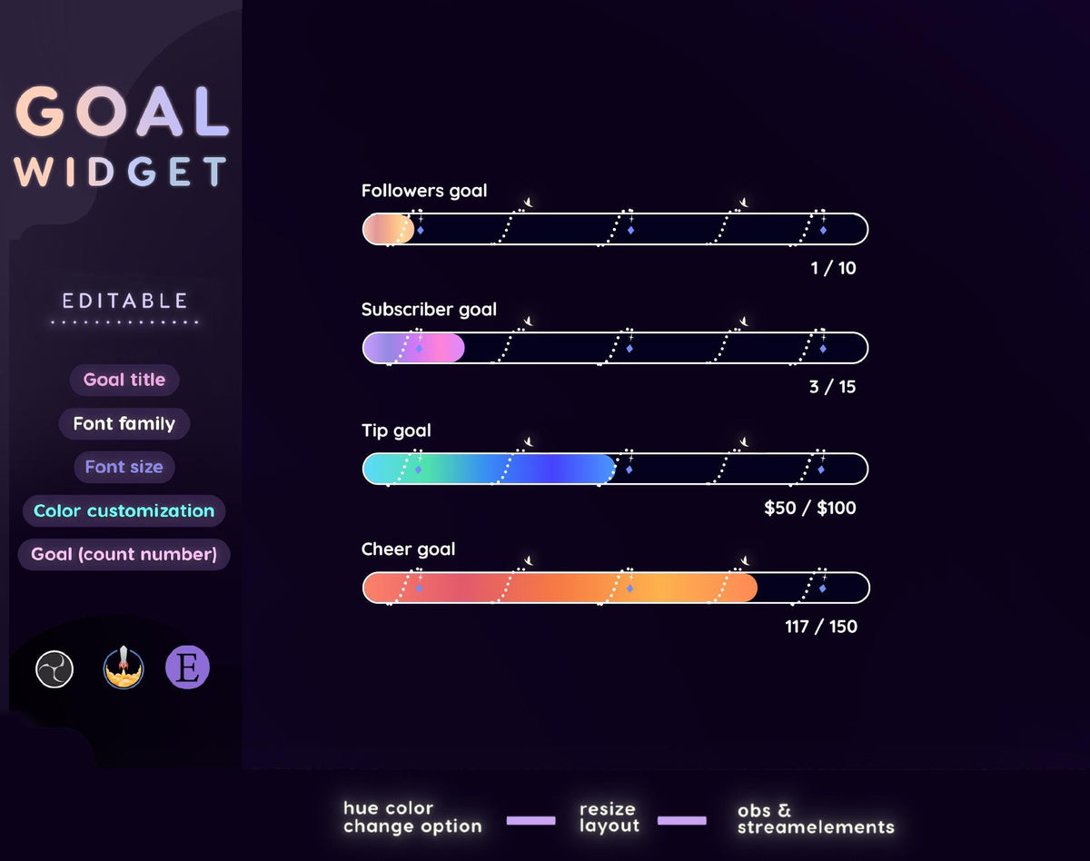 Neon Slider Goal Widget | Customizable Gradient Colors Goal Bars for Twitch Streamers