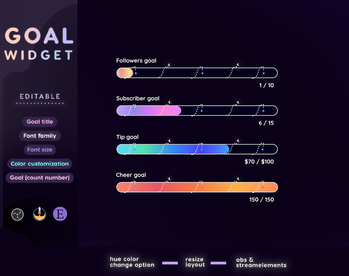 Neon Slider Goal Widget | Customizable Gradient Colors Goal Bars for Twitch Streamers