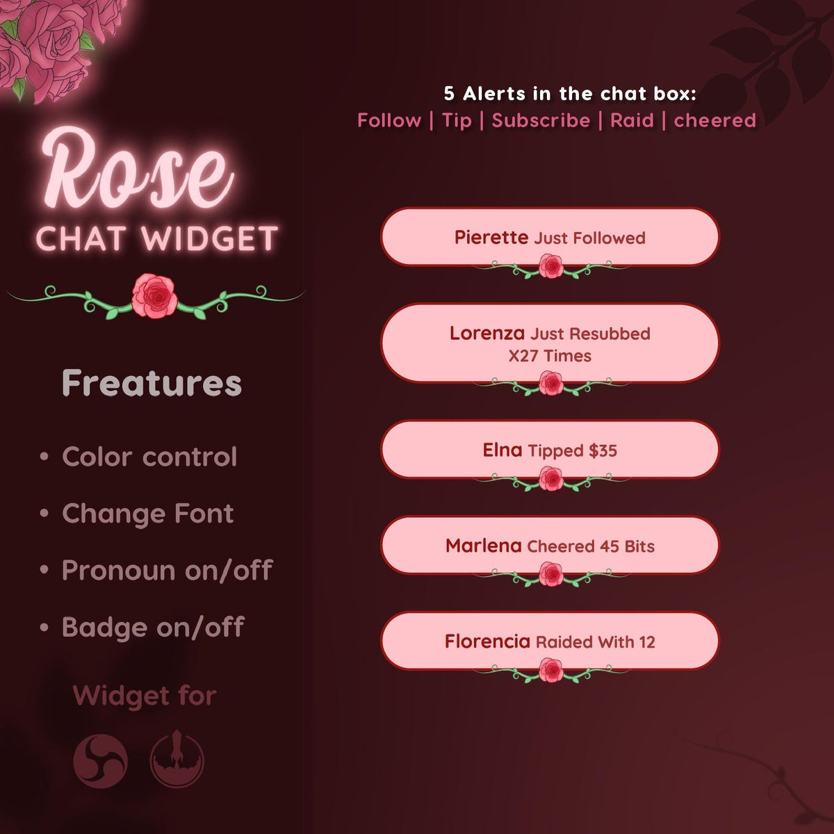 Rose Chat Widget | Pink Floral Twitch Overlay for StreamElements (Digital Download)