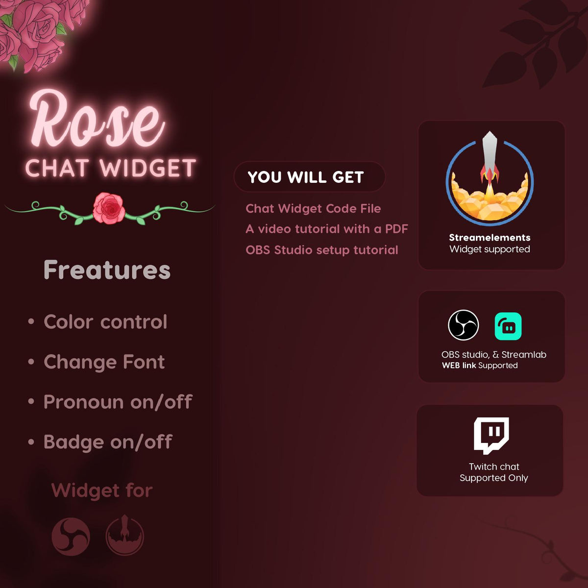 Rose Chat Widget | Pink Floral Twitch Overlay for StreamElements (Digital Download)
