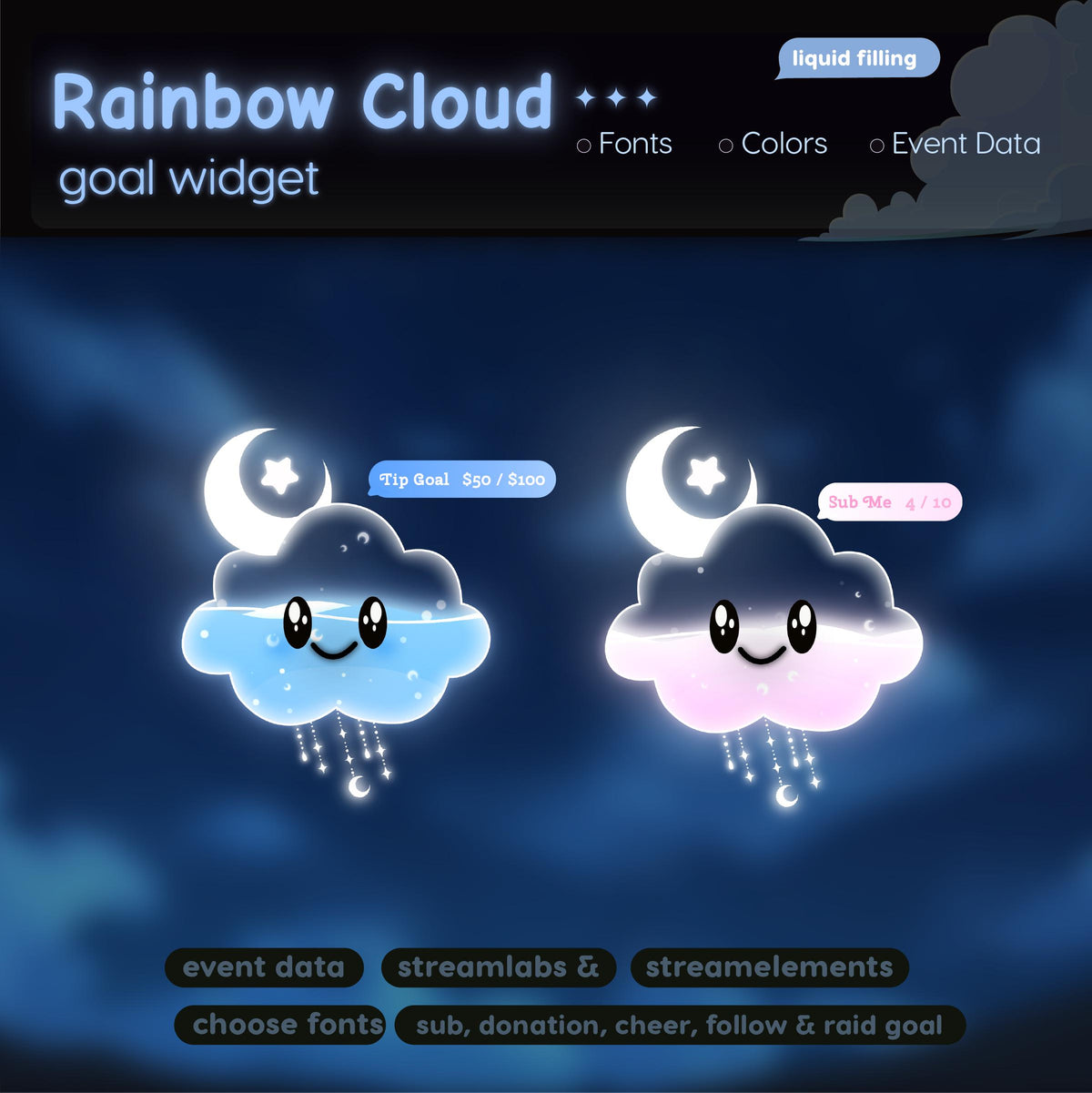 Pastel Rainbow Cloud Goal Widget | Twitch Streamlabs StreamElements Donation Follower Tracker | Kawaii VTuber