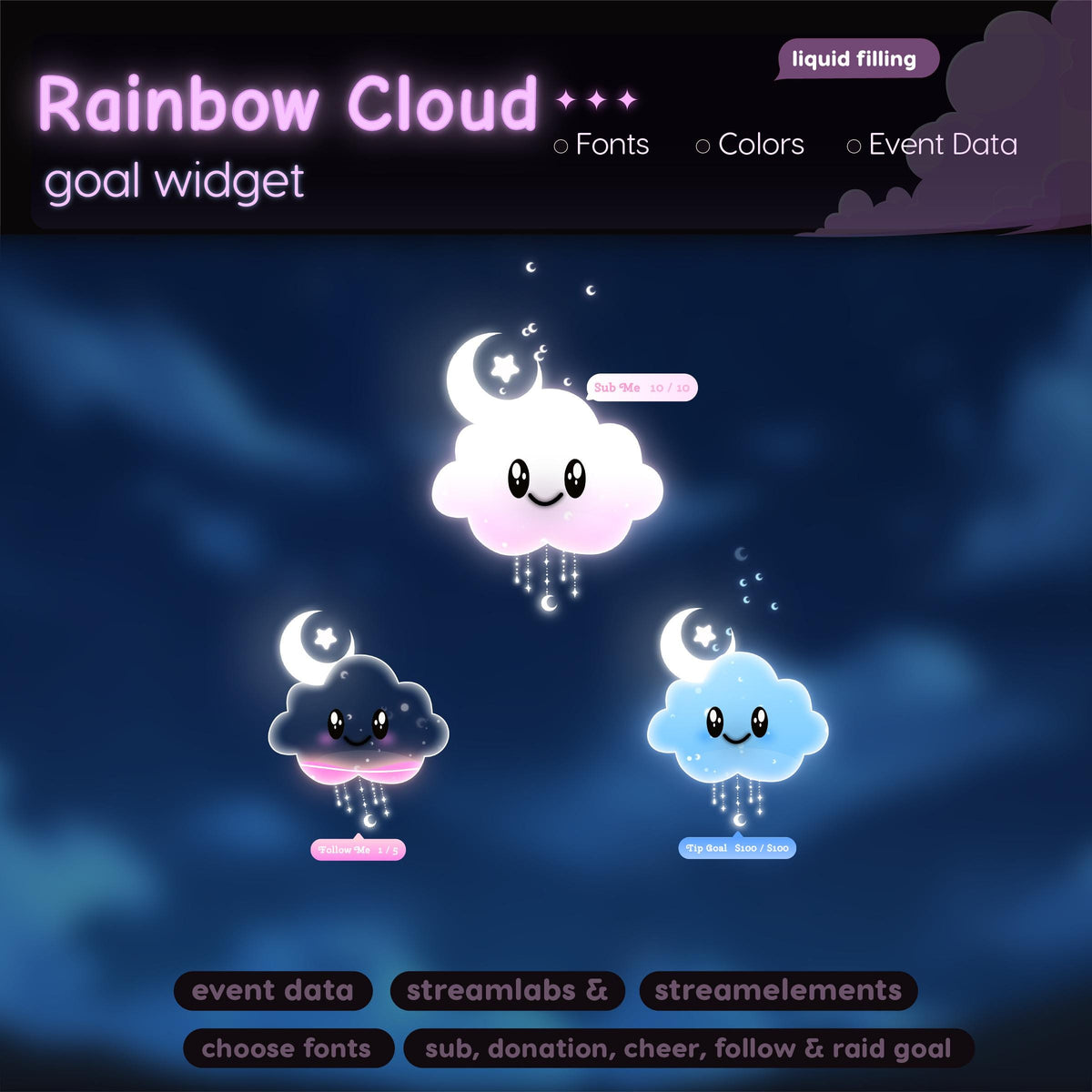 Pastel Rainbow Cloud Goal Widget | Twitch Streamlabs StreamElements Donation Follower Tracker | Kawaii VTuber