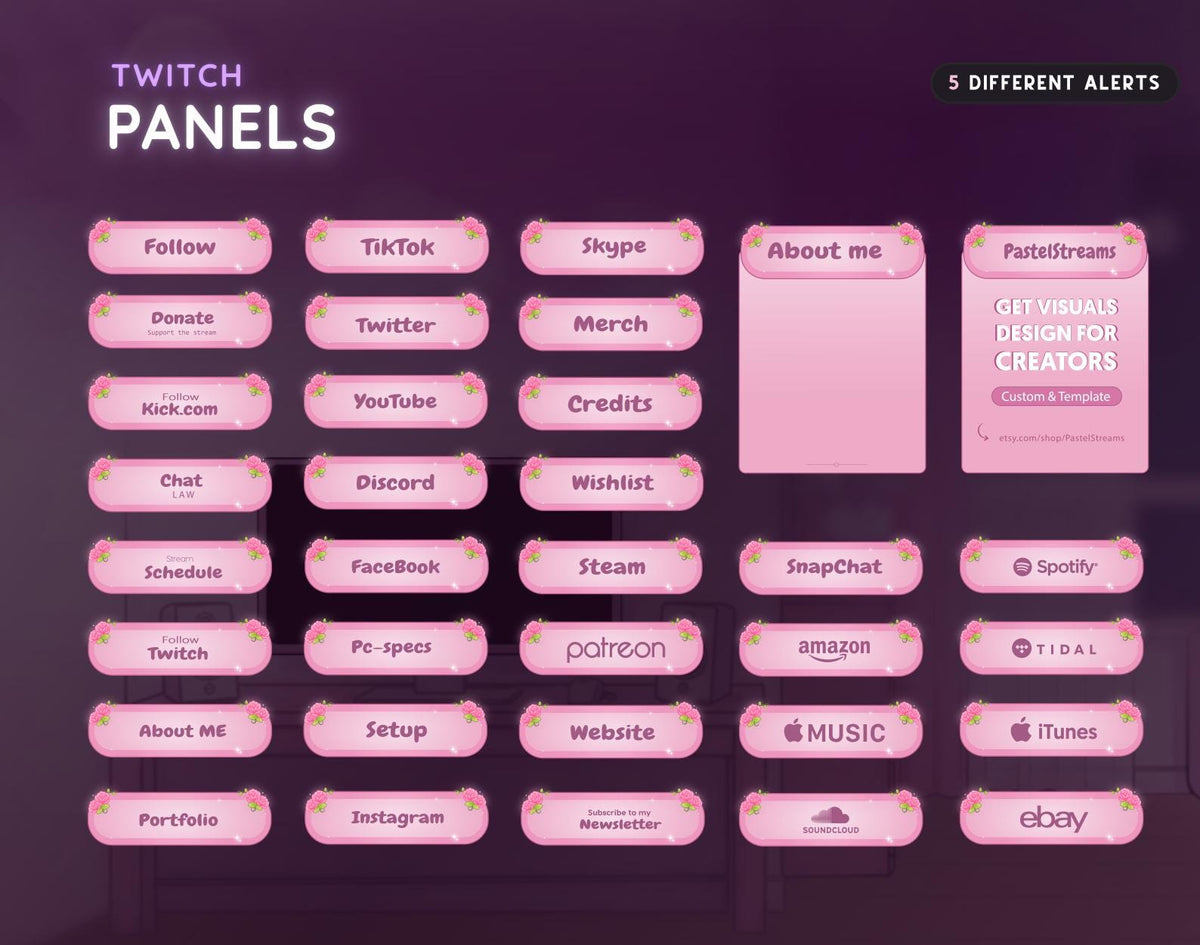 Floral Pink Rose Twitch Stream Overlay Pack | Romantic Gaming Room Package | Animated Screens | OBS