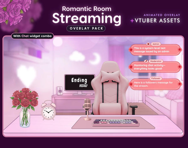 Floral Pink Rose Twitch Stream Overlay Pack | Romantic Gaming Room Package | Animated Screens | OBS
