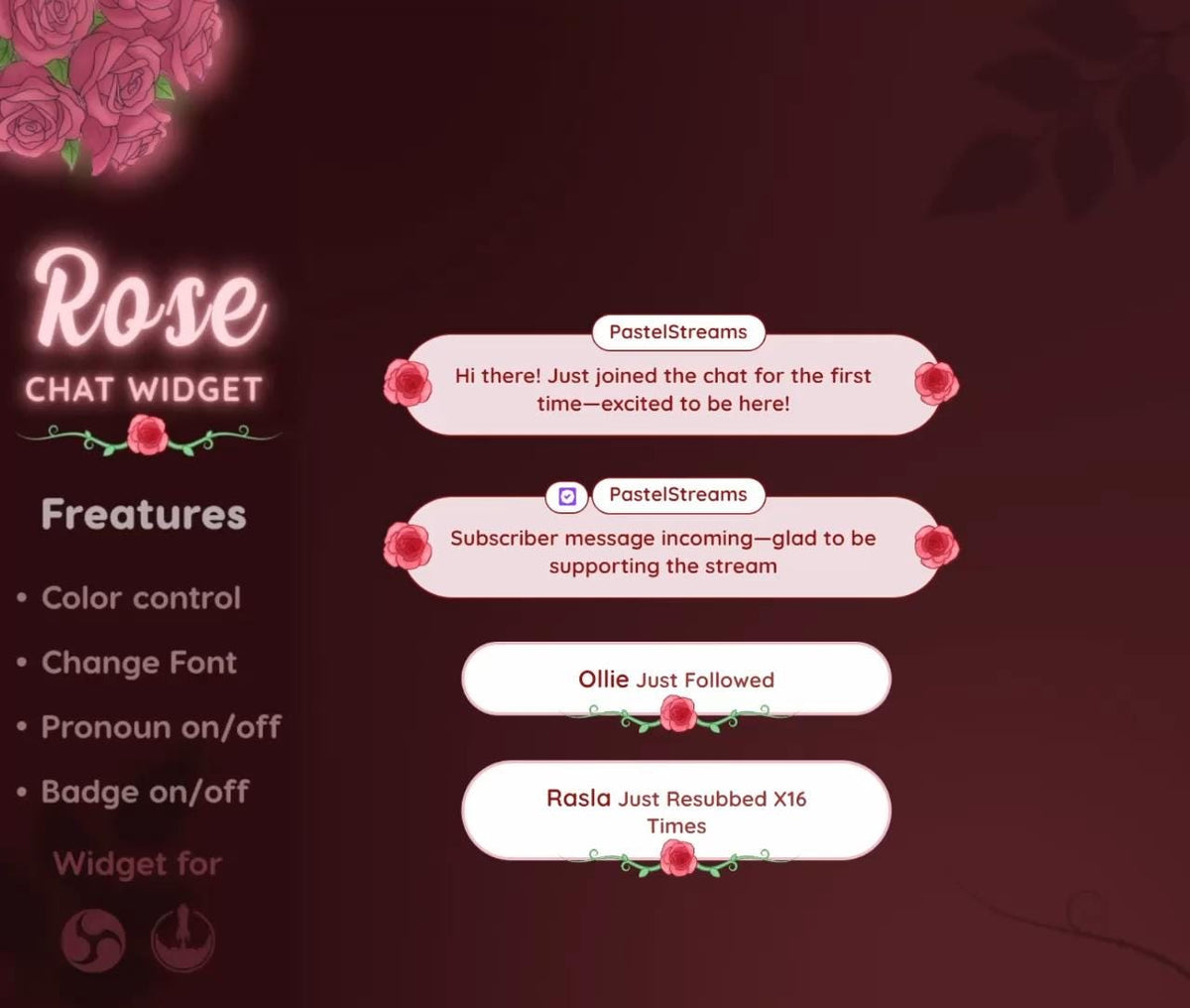 Rose Chat Widget for StreamElements | Light Pink Floral Twitch Overlay (Digital Download)