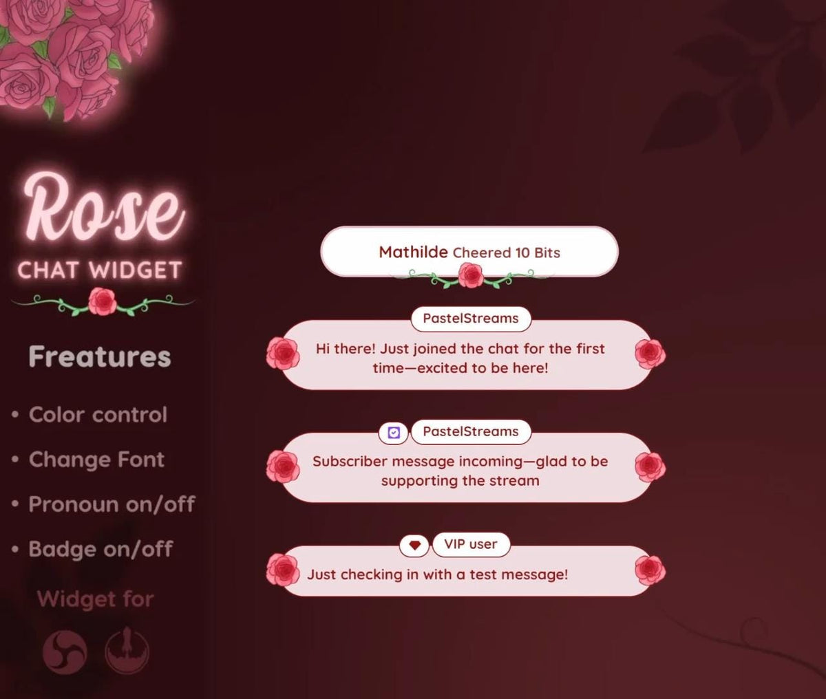 Rose Chat Widget for StreamElements | Light Pink Floral Twitch Overlay (Digital Download)
