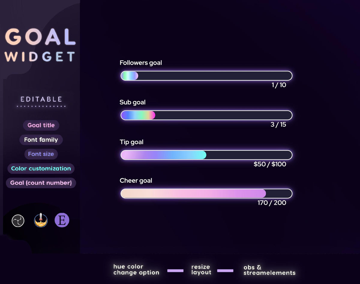 Neon Slider Goal Widget | Customizable Gradient Colors Goal Bars for Twitch Streamers | Streamelements OBS