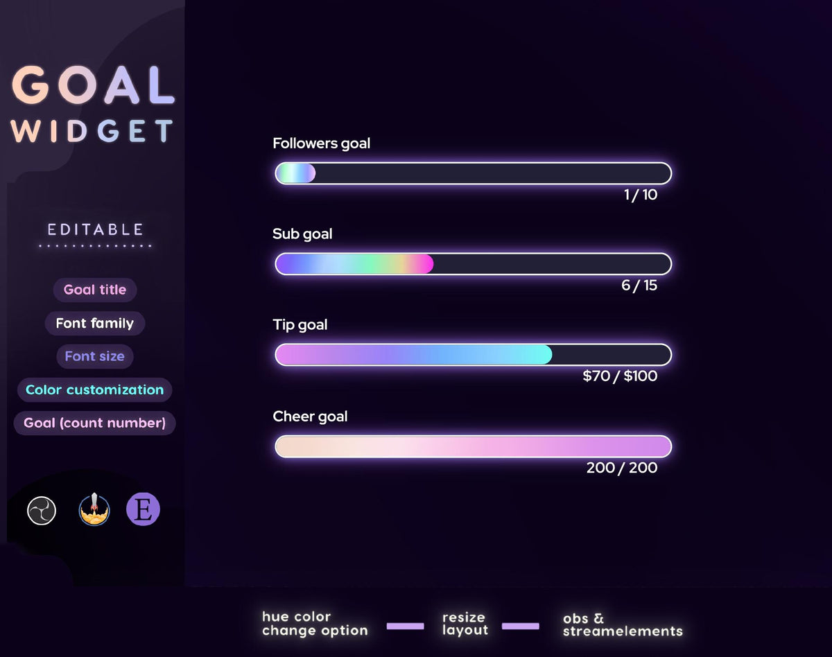 Neon Slider Goal Widget | Customizable Gradient Colors Goal Bars for Twitch Streamers | Streamelements OBS
