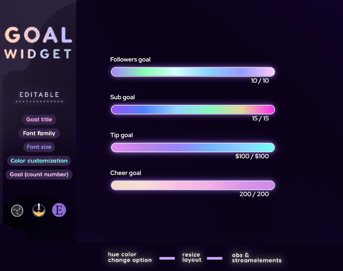 Neon Slider Goal Widget | Customizable Gradient Colors Goal Bars for Twitch Streamers | Streamelements OBS