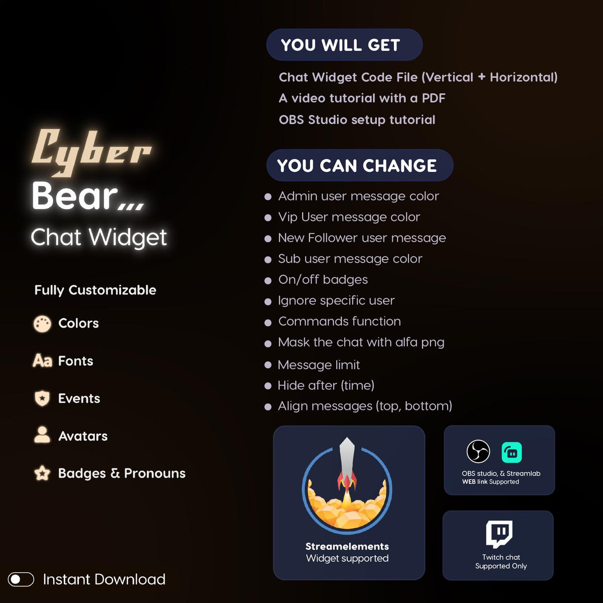 Cyber Bear Twitch Chat Widget | Neon Chat Overlay | Fully Customizable for StreamElements | OBS