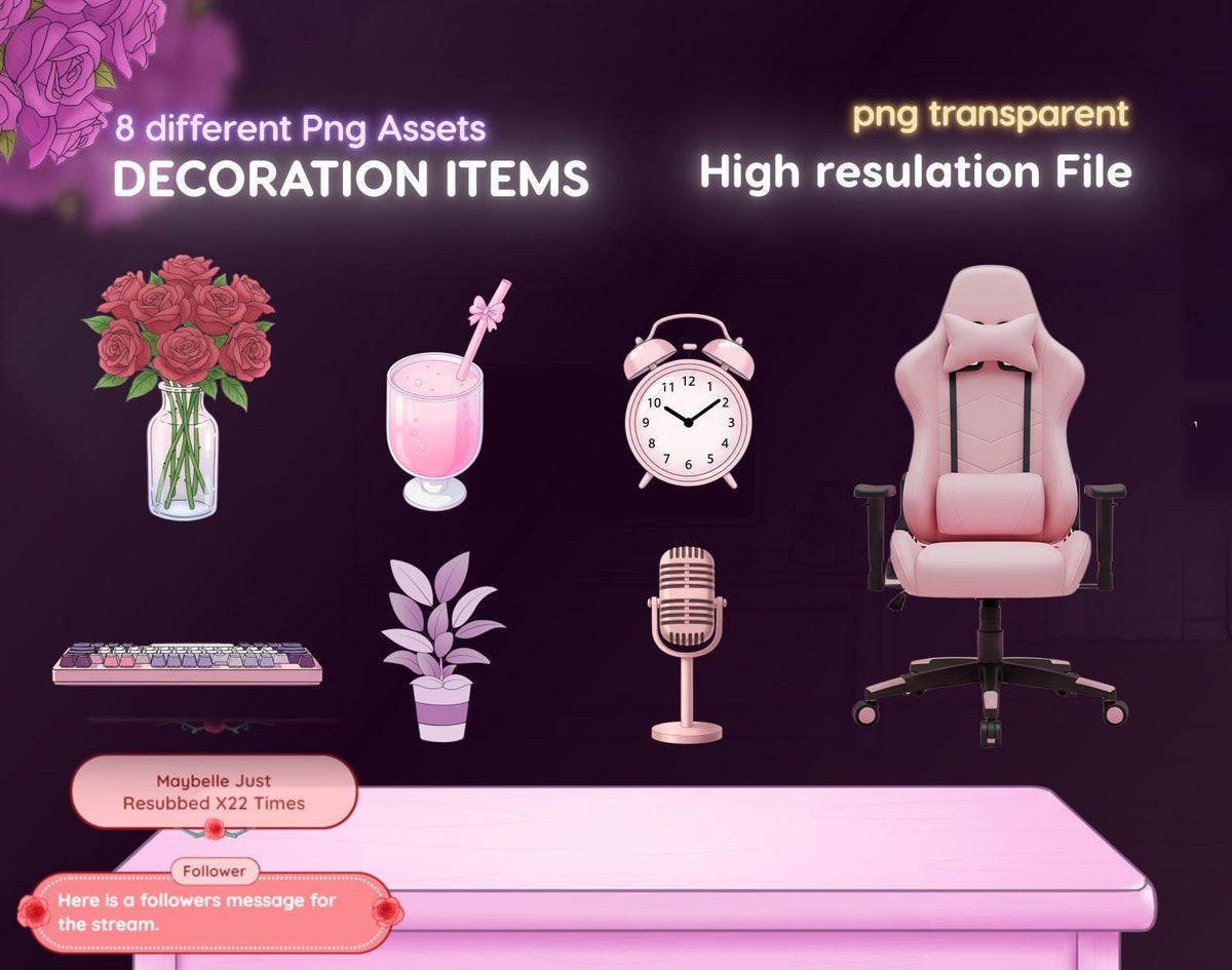 Floral Pink Rose Twitch Stream Overlay Pack | Romantic Gaming Room Package | Animated Screens | OBS