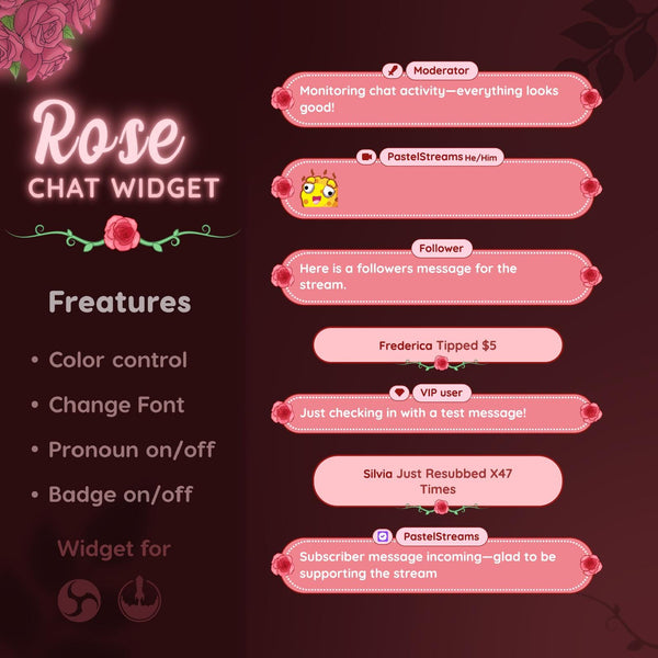 Rose Chat Widget | Pink Floral Twitch Overlay for StreamElements (Digital Download)