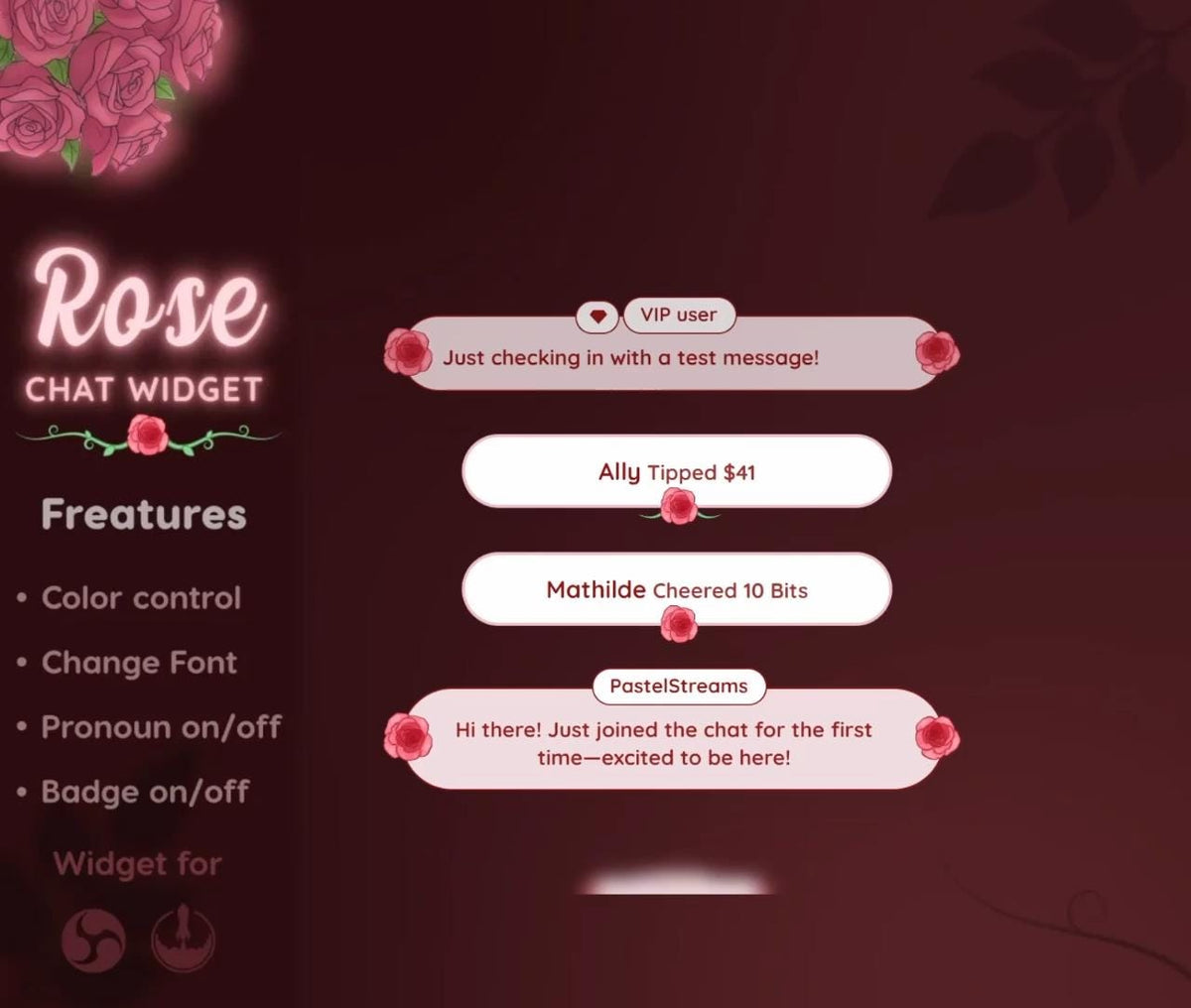 Rose Chat Widget for StreamElements | Light Pink Floral Twitch Overlay (Digital Download)