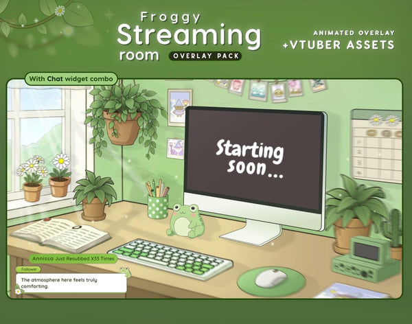 Froggy Streaming Overlay Pack | Cottagecore Green Frog Animated Assets (Digital Download)