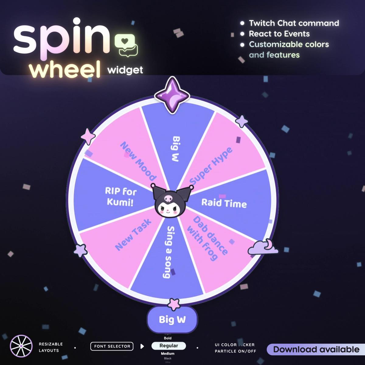 Interactive Twitch Spin Wheel Widget | React to Events | Customizable Chat Command Overlay (Digital Download)
