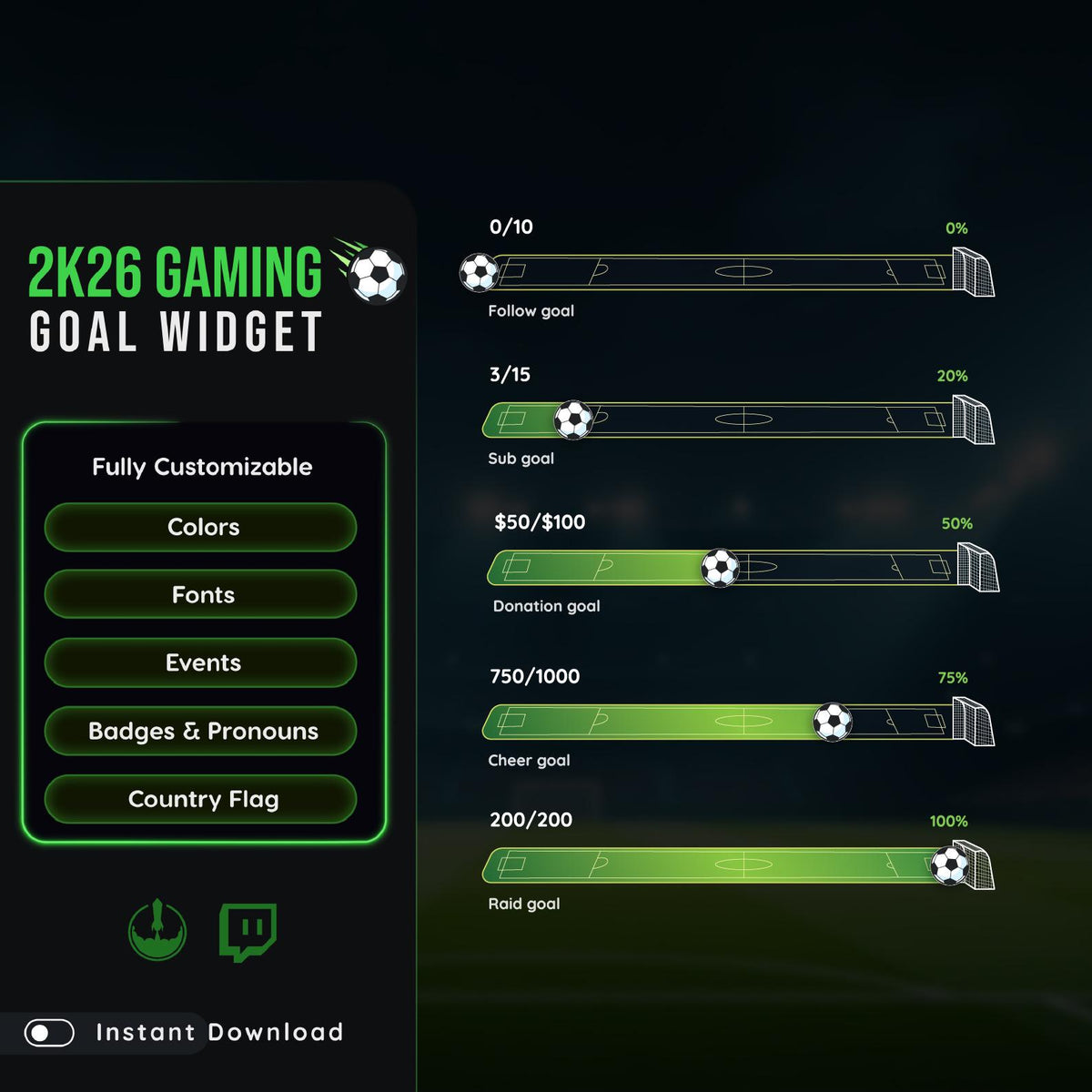 Football Goal Bar Stream Overlay for Twitch | Animated Soccer Donation Goal Widget | StreamElements OBS