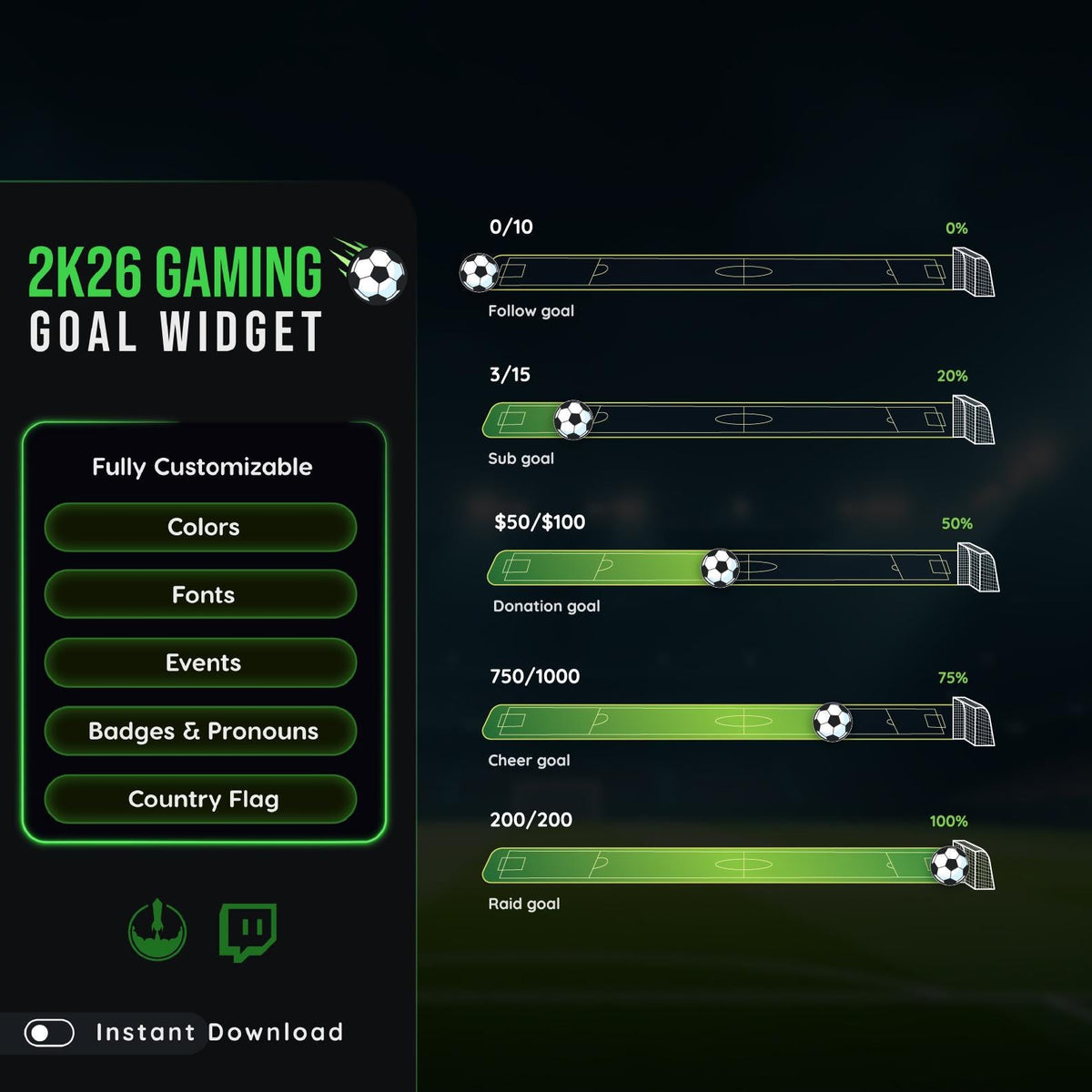 Football Goal Bar Stream Overlay for Twitch | Animated Soccer Donation Goal Widget | StreamElements OBS