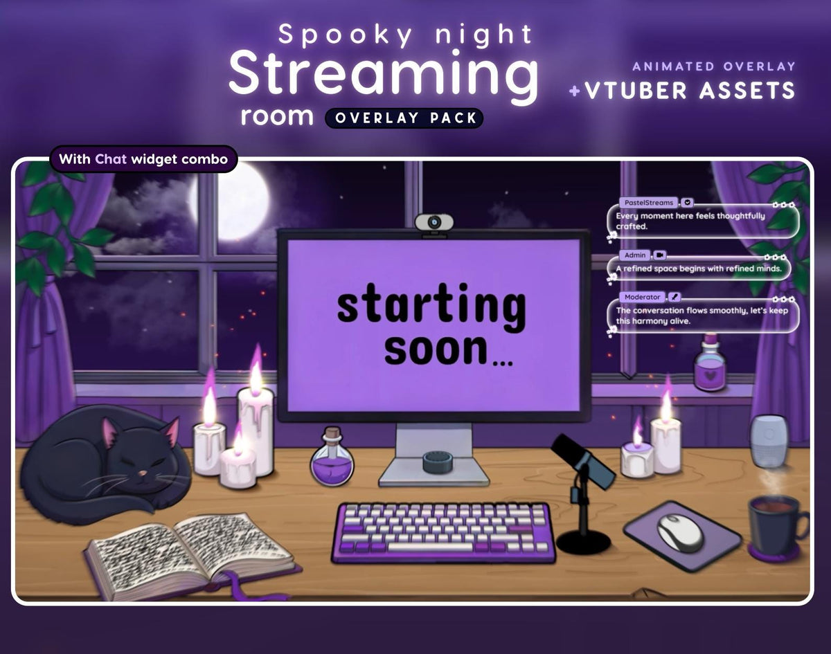 Spooky Night Streaming Room Twitch Overlay Pack | cat overlay | Pastel purple |  Halloween chat widget