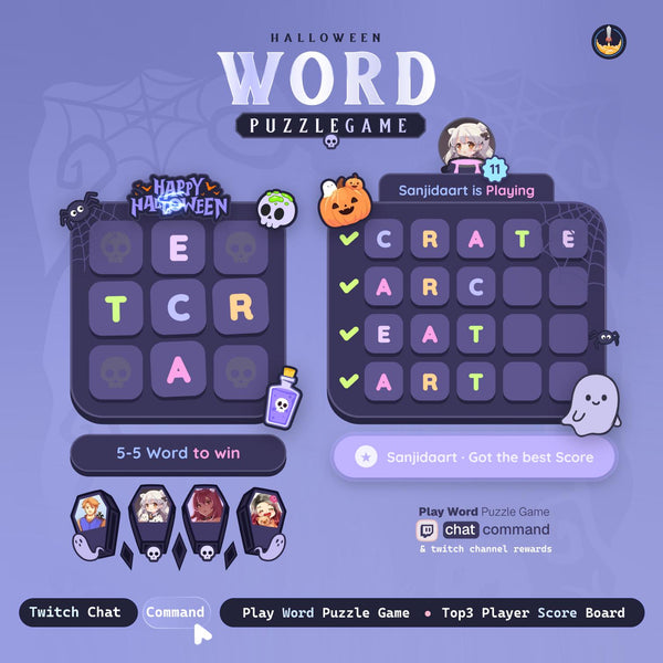 Spooky Word Game Twitch Overlay | Halloween StreamElements Widget | Animated Chat Wordle with Sound FX, Coffins Hall of Fame & Live Score