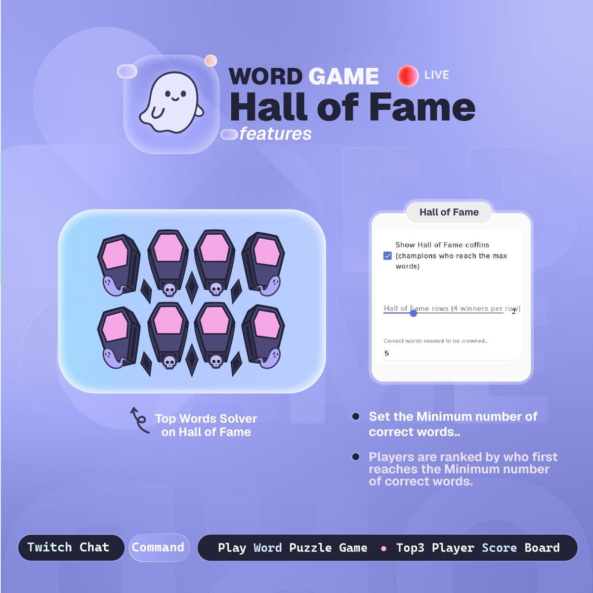 Spooky Word Game Twitch Overlay | Halloween StreamElements Widget | Animated Chat Wordle with Sound FX, Coffins Hall of Fame & Live Score