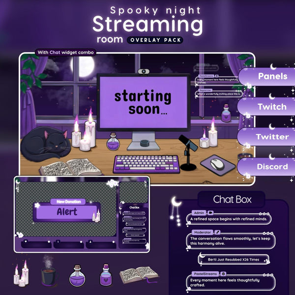 Spooky Night Streaming Room Twitch Overlay Pack | cat overlay | Pastel purple |  Halloween chat widget