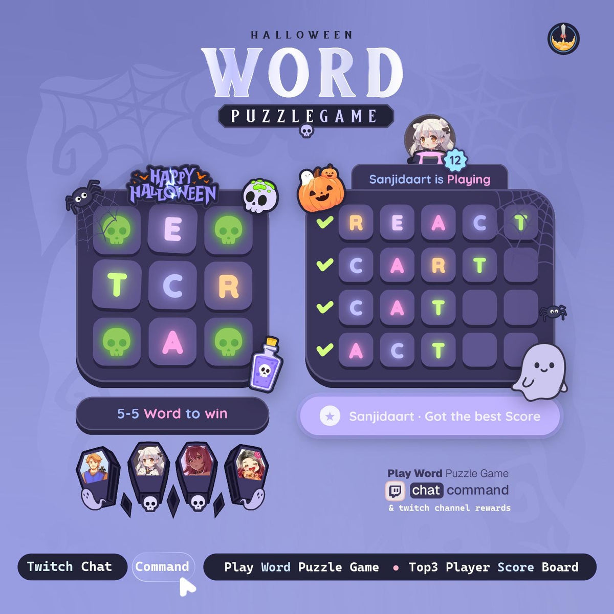 Spooky Word Game Twitch Overlay | Halloween StreamElements Widget | Animated Chat Wordle with Sound FX, Coffins Hall of Fame & Live Score