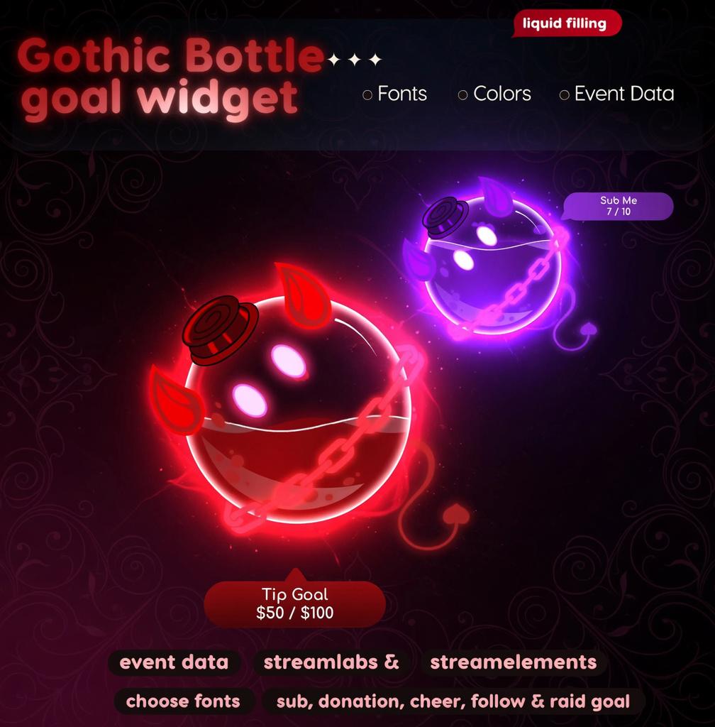 Gothic Bottle Goal Widget | Twitch Streamlabs StreamElements Sub Donation Bits Tracker | Dark VTuber Streamer