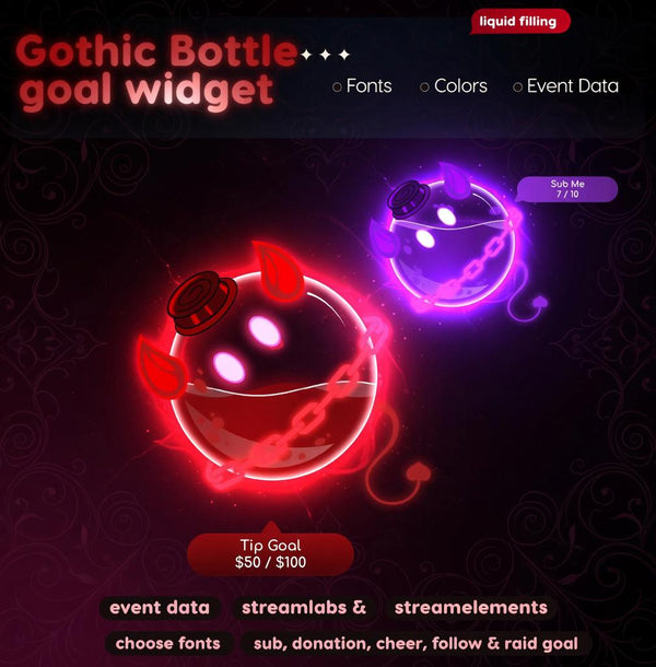 Gothic Bottle Goal Widget | Twitch Streamlabs StreamElements Sub Donation Bits Tracker | Dark VTuber Streamer