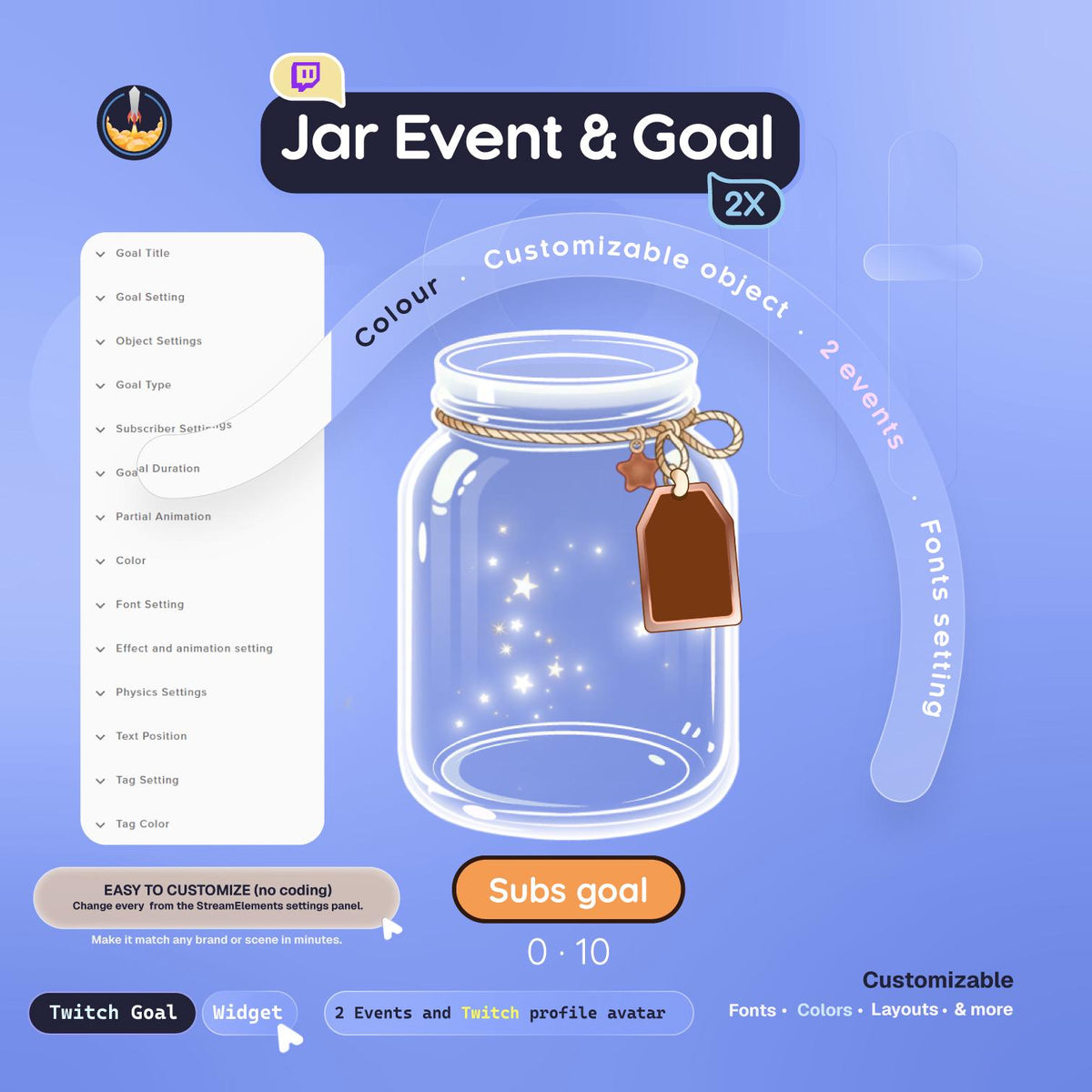 Twitch Jar Goal Widget StreamElements | Animated Sub Follower Donation Bits Goal + Live Alert Tag with Viewer Photo