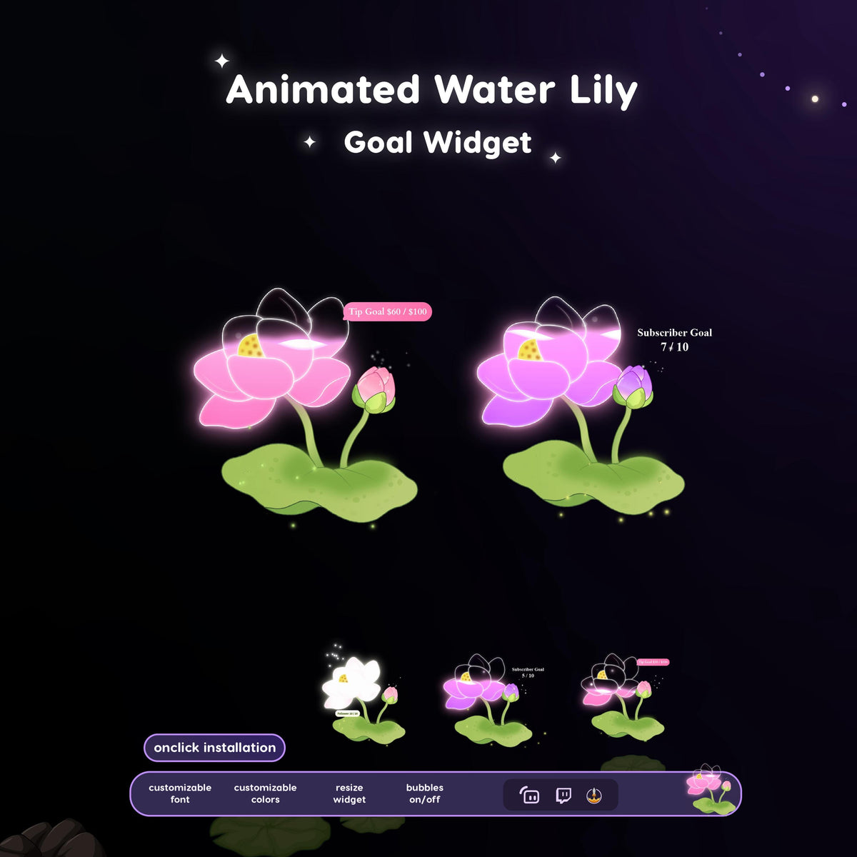 Waterlily Flower Stream Goal Widget: Glassy Combo for Twitch - Streamlabs, Streamelements