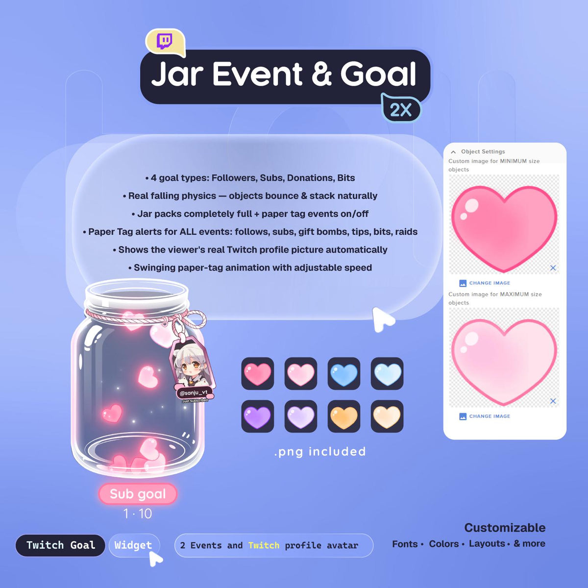 Animated Heart Falling Jar Goal Widget for Twitch | Sub, Follower, Donation Alerts (Digital Download)