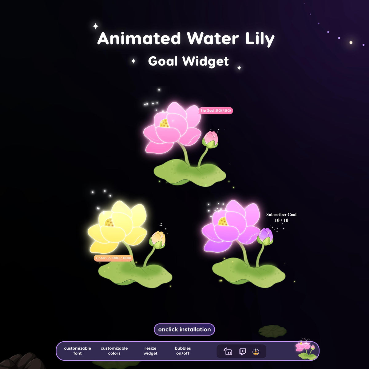 Waterlily Flower Stream Goal Widget: Glassy Combo for Twitch - Streamlabs, Streamelements