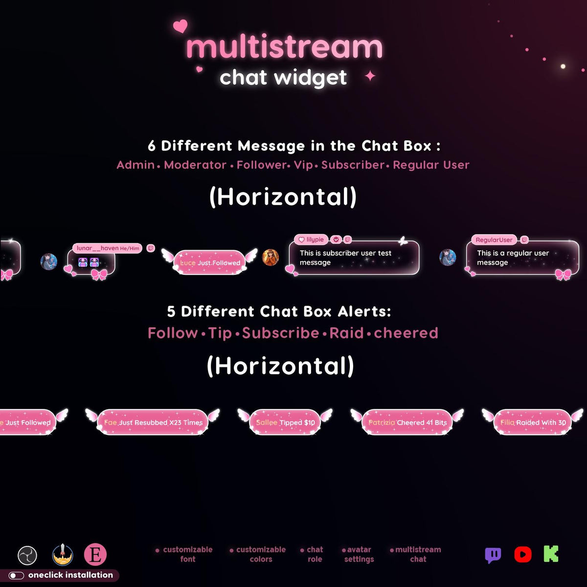 Pink Love Multistream Chat Widget | Twitch, YouTube, Kick Alerts, Avatars (StreamElements OBS)
