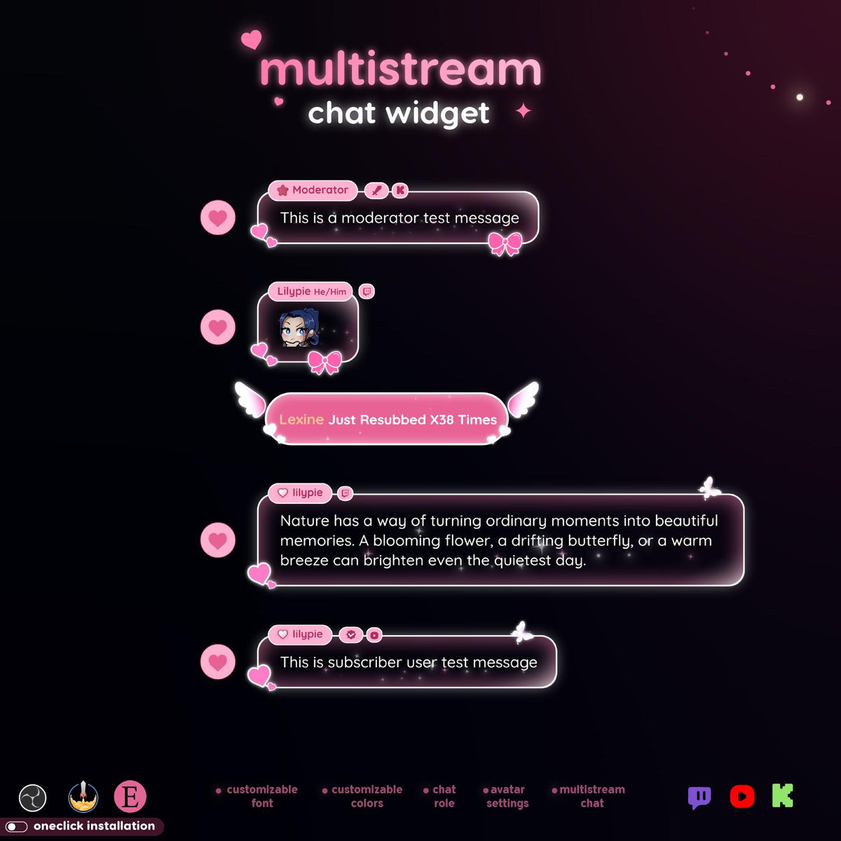 Pink Love Multistream Chat Widget | Twitch, YouTube, Kick Alerts, Avatars (StreamElements OBS)