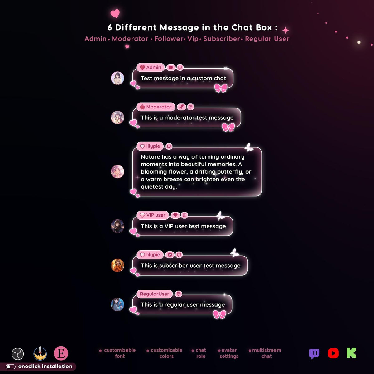 Pink Love Multistream Chat Widget | Twitch, YouTube, Kick Alerts, Avatars (StreamElements OBS)