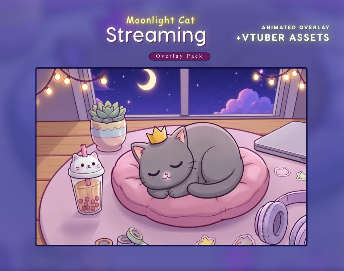 Cozy Cat Twitch Overlay | Dreamy Kawaii Streaming Package for OBS & StreamElements .