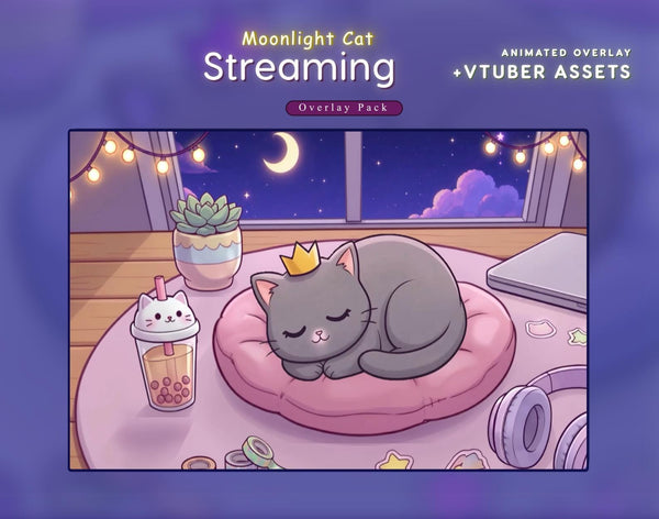 Cozy Cat Twitch Overlay | Dreamy Kawaii Streaming Package for OBS & StreamElements .