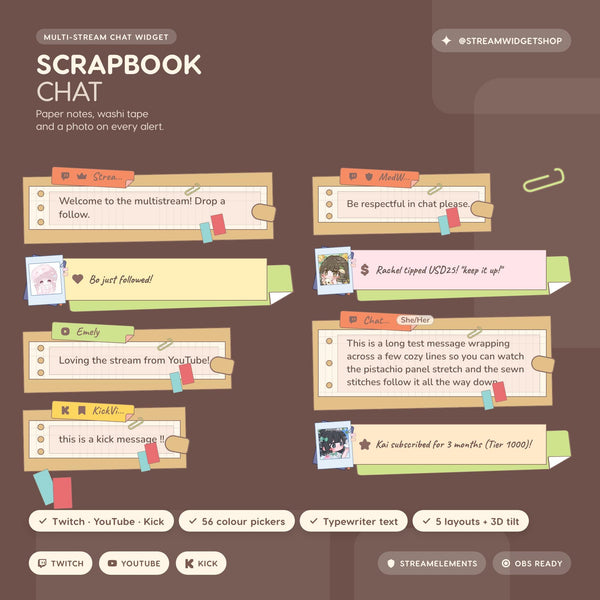 Scrapbook Chat Widget: Kraft Notebook Overlay for Twitch, YouTube, Kick (OBS Ready)