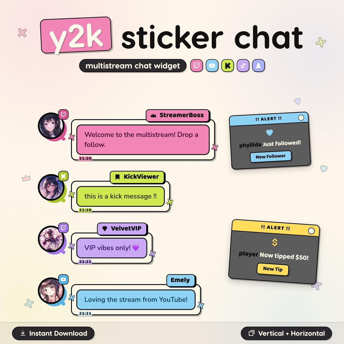 Y2K Sticker Chat Widget • Retro Alerts, Multistream OBS Ready (Digital Download)