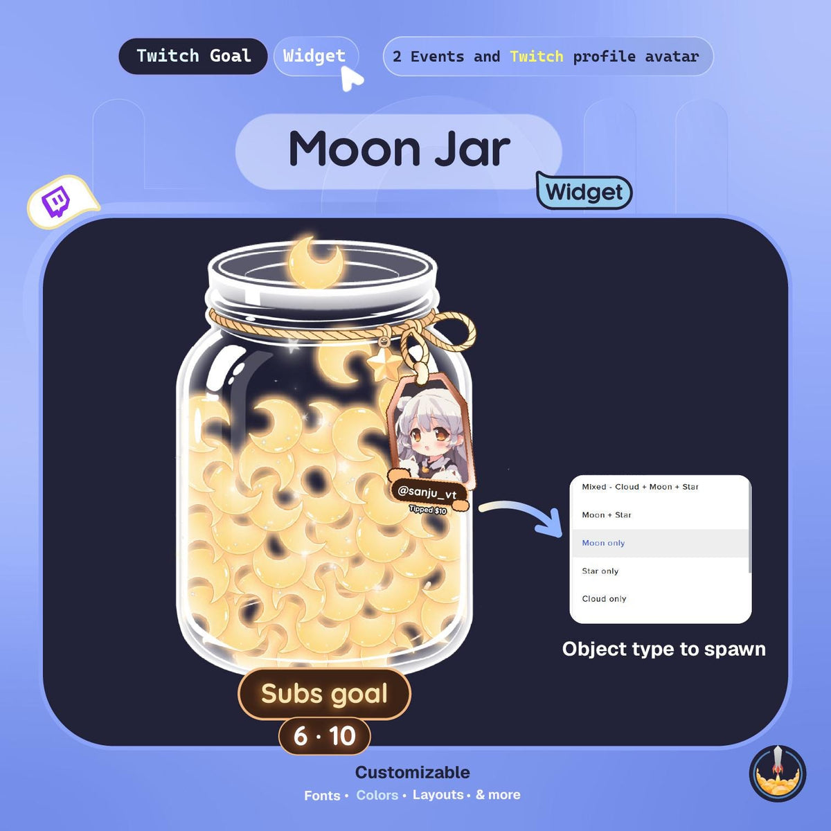 Moonlight Dream Jar • Twitch Goal Widget • Falling Stars Goal Overlay • Moon & Stars Stream Widget • Instant Download